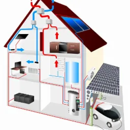 Schemat domu jednorodzinnego z zaznaczonym systemem wentylacji mechanicznej z rekuperacją, instalacją solarną, pompą ciepła i stacją ładowania samochodu elektrycznego.