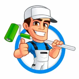 Uśmiechnięty malarz-karykatura w białym kombinezonie, z wałkiem do malowania i kciukiem w górę, na tle niebieskiego okręgu.