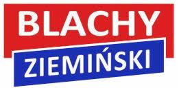 Logo firmy Blachy Ziemiński na czerwonym i niebieskim tle.