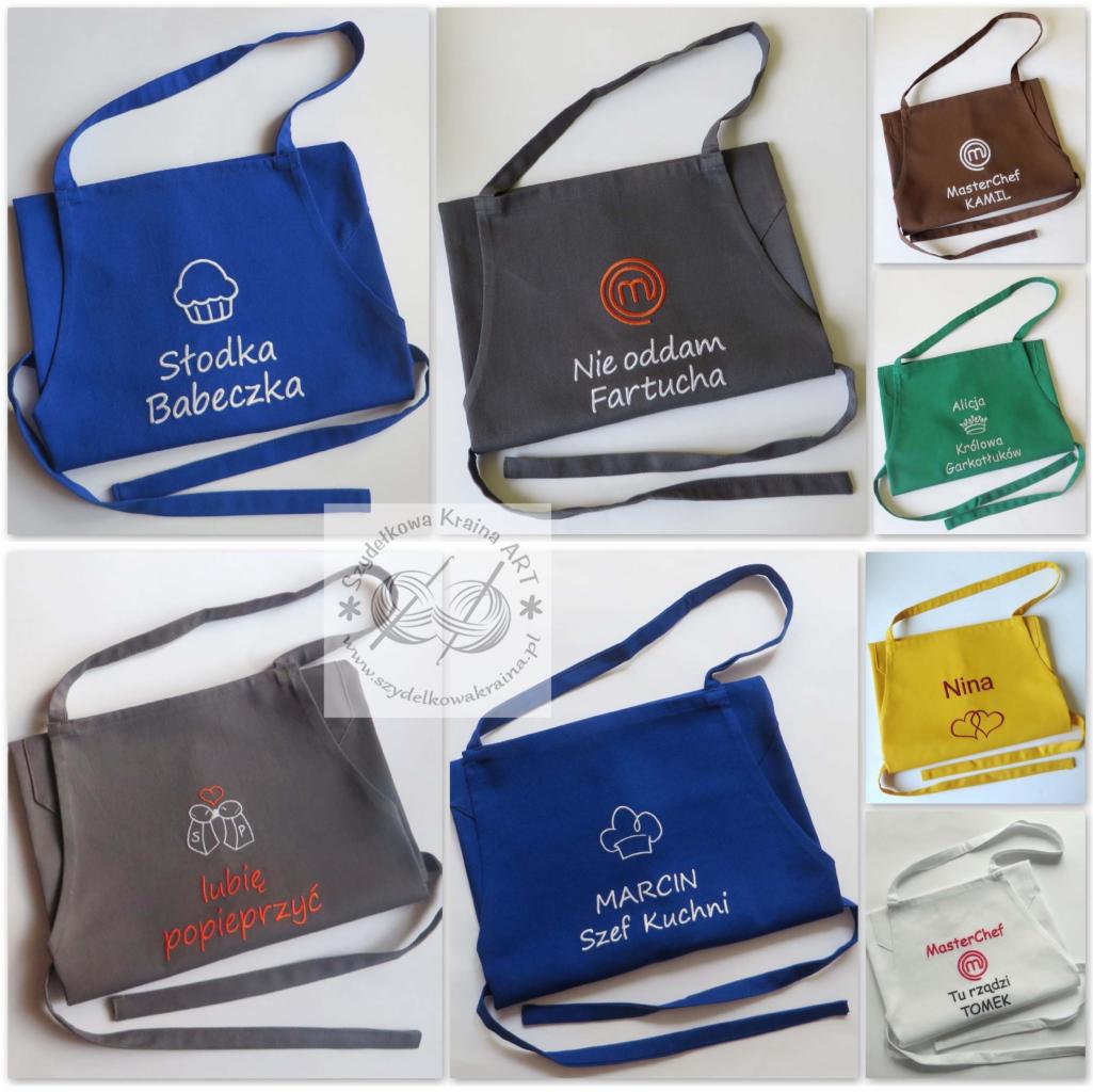 Kolaż fartuchów kuchennych z różnymi haftowanymi napisami i grafikami, prezentujący personalizowane projekty.