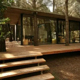 Nowoczesny dom z dużymi przeszkleniami wkomponowany w leśny krajobraz, z drewnianym tarasem i schodami wejściowymi, drzewa przechodzące przez konstrukcję.