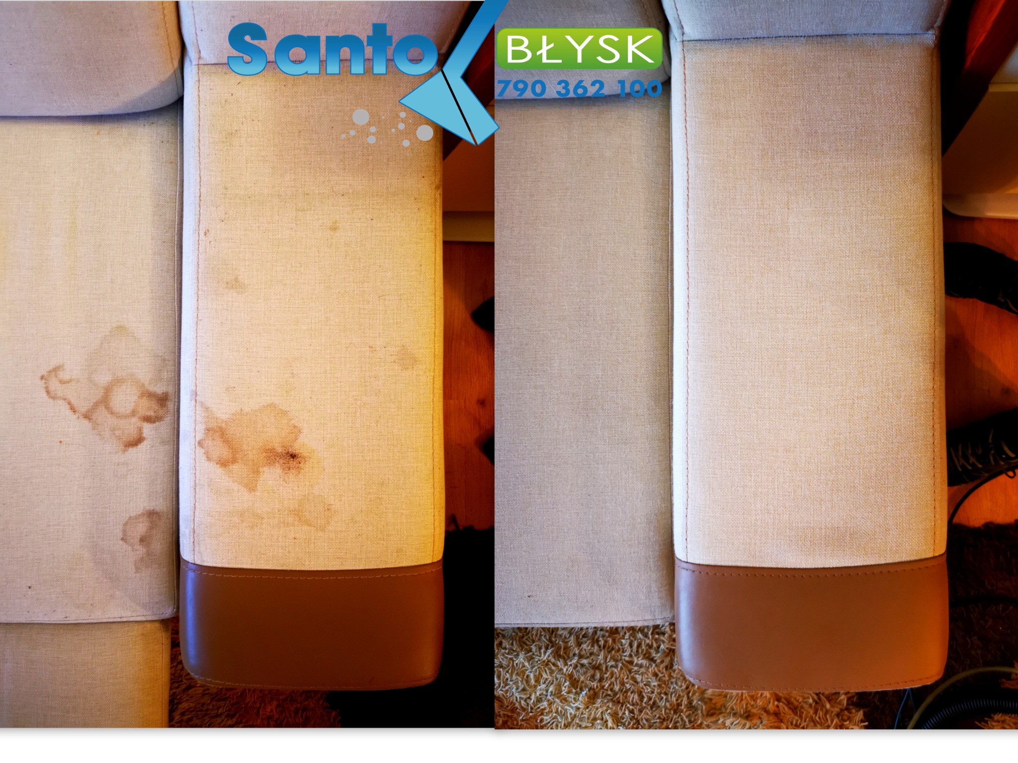 Porównanie fragmentu kanapy przed i po czyszczeniu, z widocznymi plamami po lewej stronie i czystą powierzchnią po prawej, z logo firmy Santo Błysk w górnym lewym rogu.