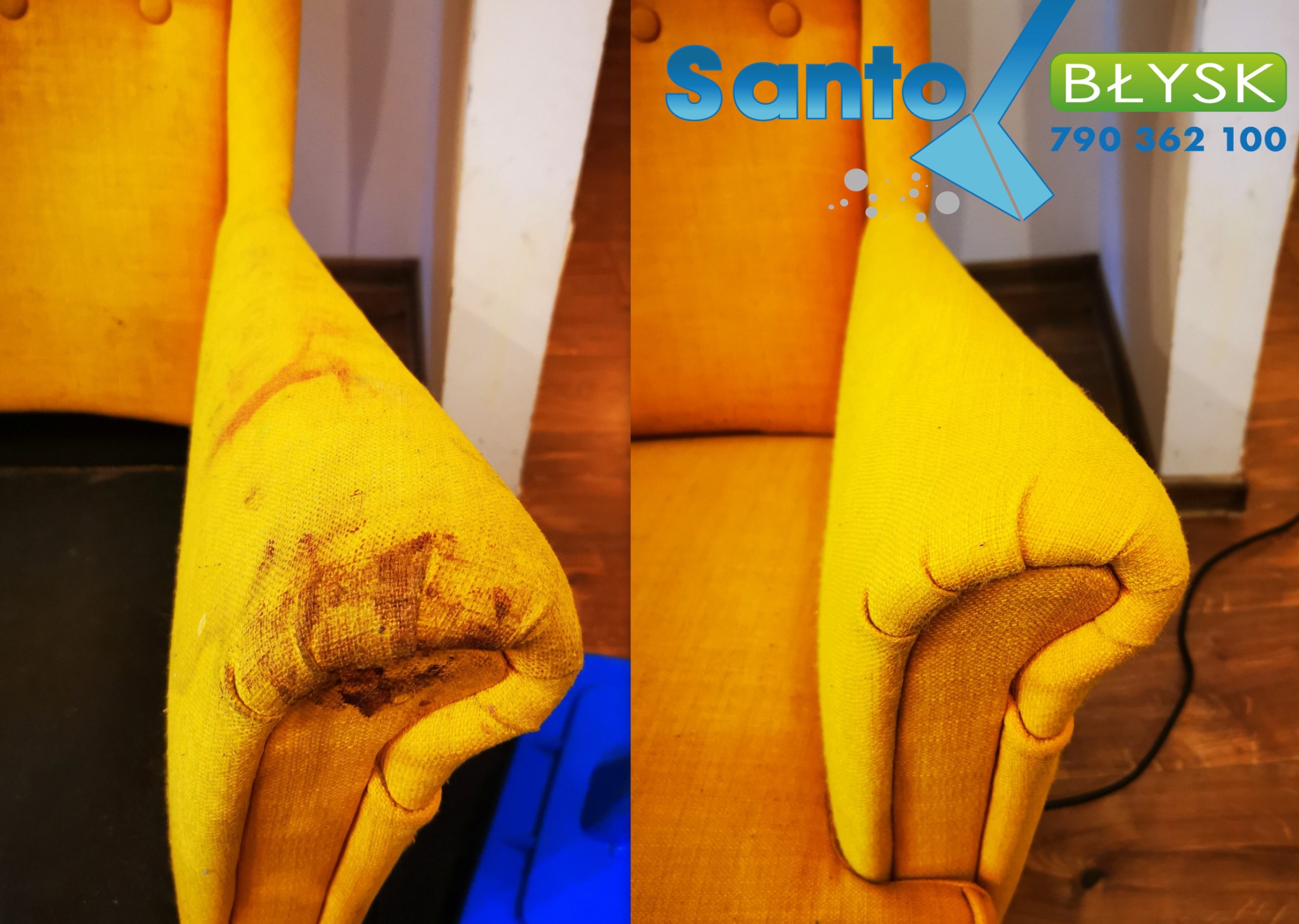 Żółty podłokietnik kanapy przed i po czyszczeniu, widoczne plamy i logo firmy sprzątającej z numerem telefonu.