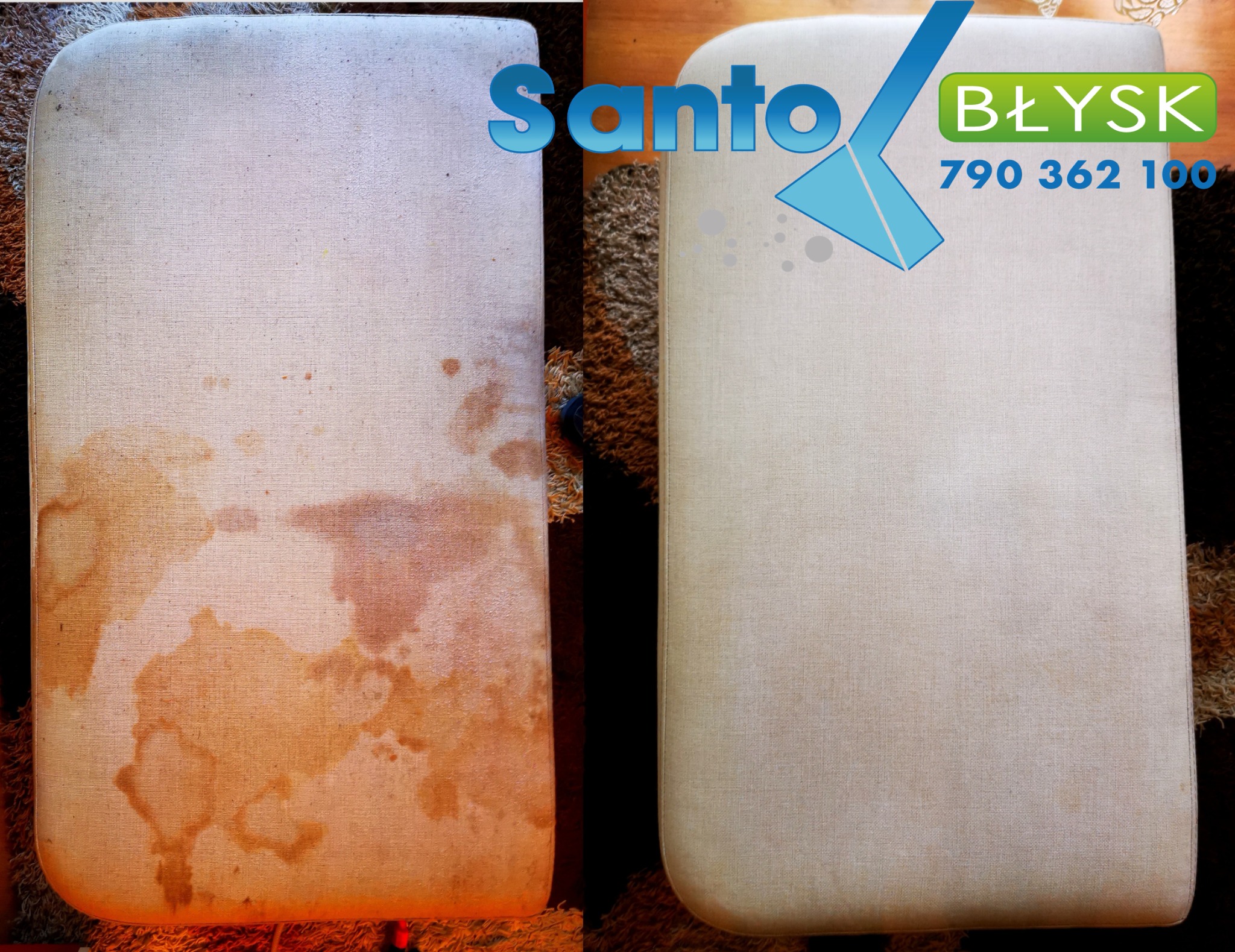Tapicerowany element mebla w ujęciu przed i po czyszczeniu, widoczne wyraźne plamy i zabrudzenia po lewej stronie oraz efekt czystości po prawej stronie, logo firmy Santo Błysk w prawym górnym rogu.