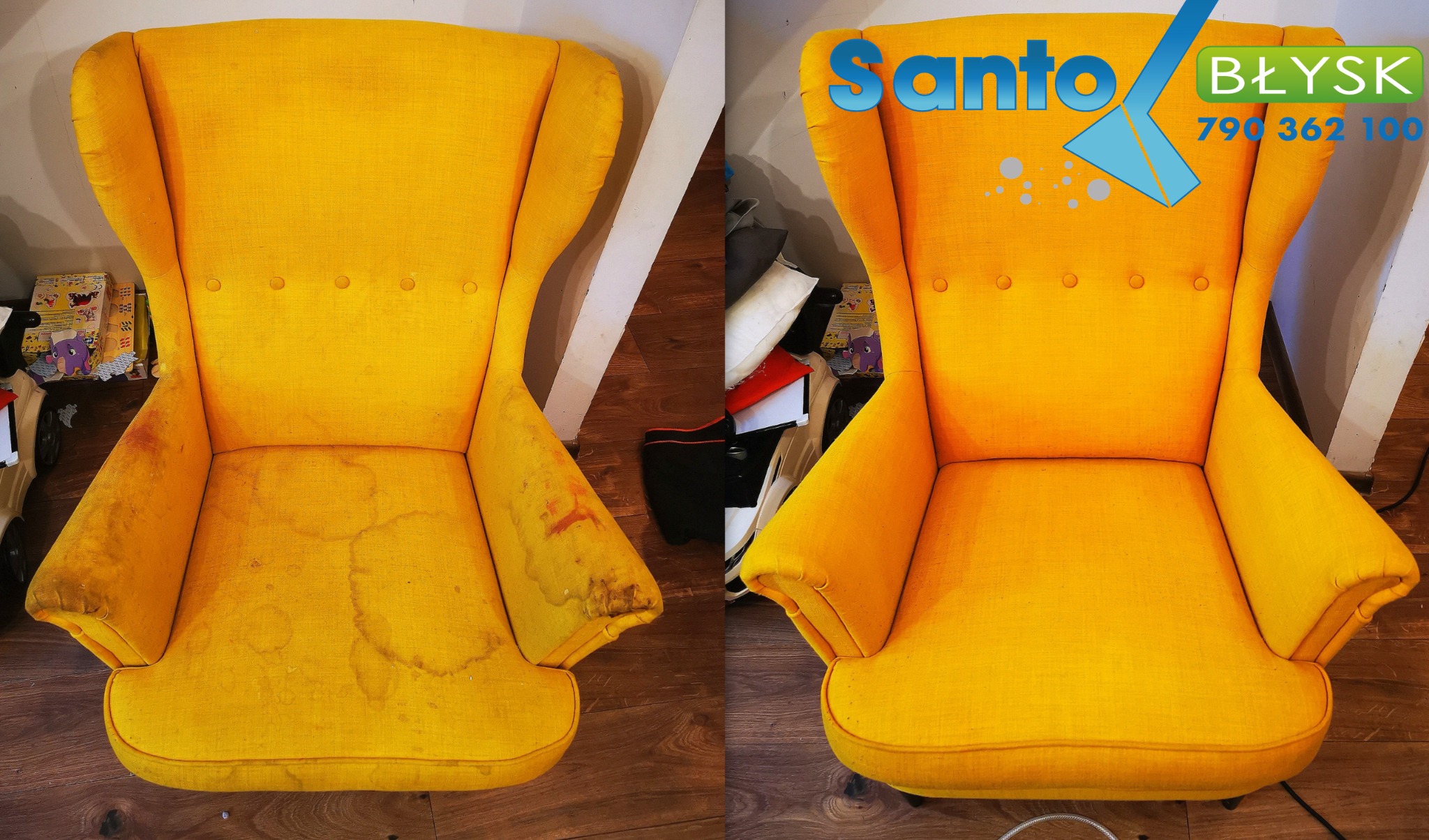 Żółty fotel typu uszak: widok przed i po czyszczeniu. Po lewej widoczne plamy i zabrudzenia, po prawej fotel po usunięciu zabrudzeń, z logo firmy czyszczącej w prawym górnym rogu.