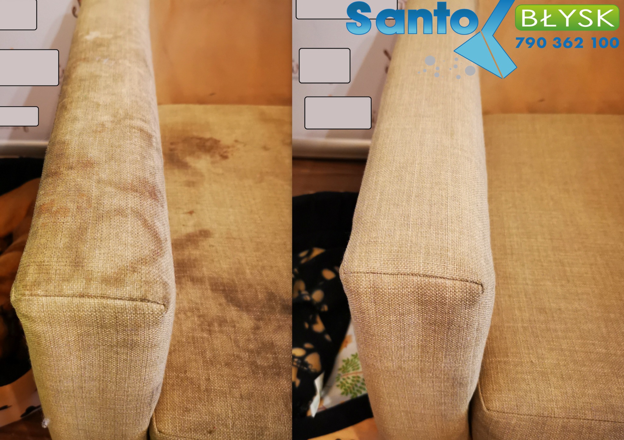 Porównanie: zabrudzony i wyczyszczony podłokietnik sofy z beżowej tkaniny. Po lewej stronie widoczne ciemne plamy, po prawej czysty materiał. W prawym górnym rogu logo firmy Santo Błysk.