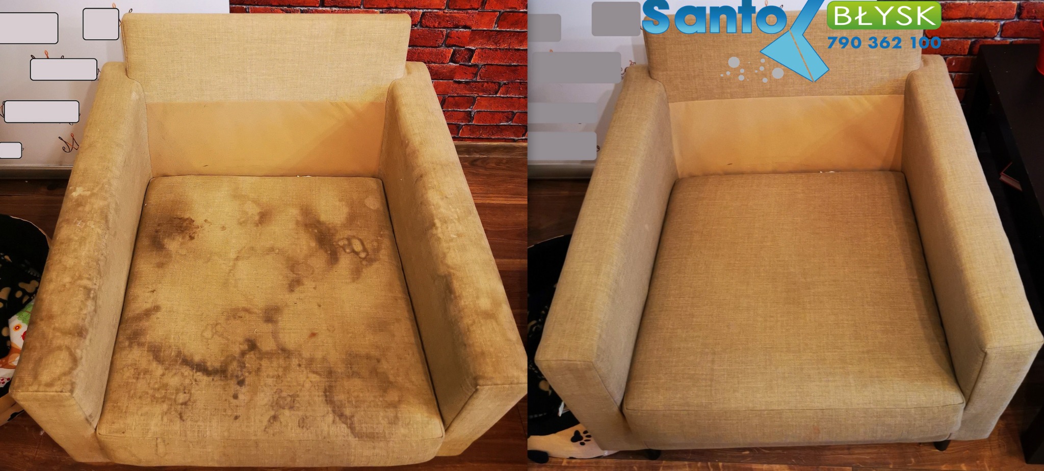 Porównanie fotela tapicerowanego przed i po czyszczeniu, widoczne plamy i zabrudzenia po lewej stronie oraz czysty, odświeżony wygląd po prawej, z logo firmy czyszczącej w tle.
