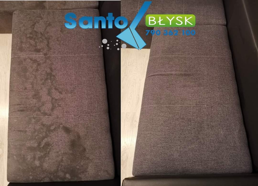 Porównanie fragmentu szarej kanapy przed i po czyszczeniu, widoczne wyraźne usunięcie zabrudzeń, na zdjęciu widnieje logo firmy czyszczącej.