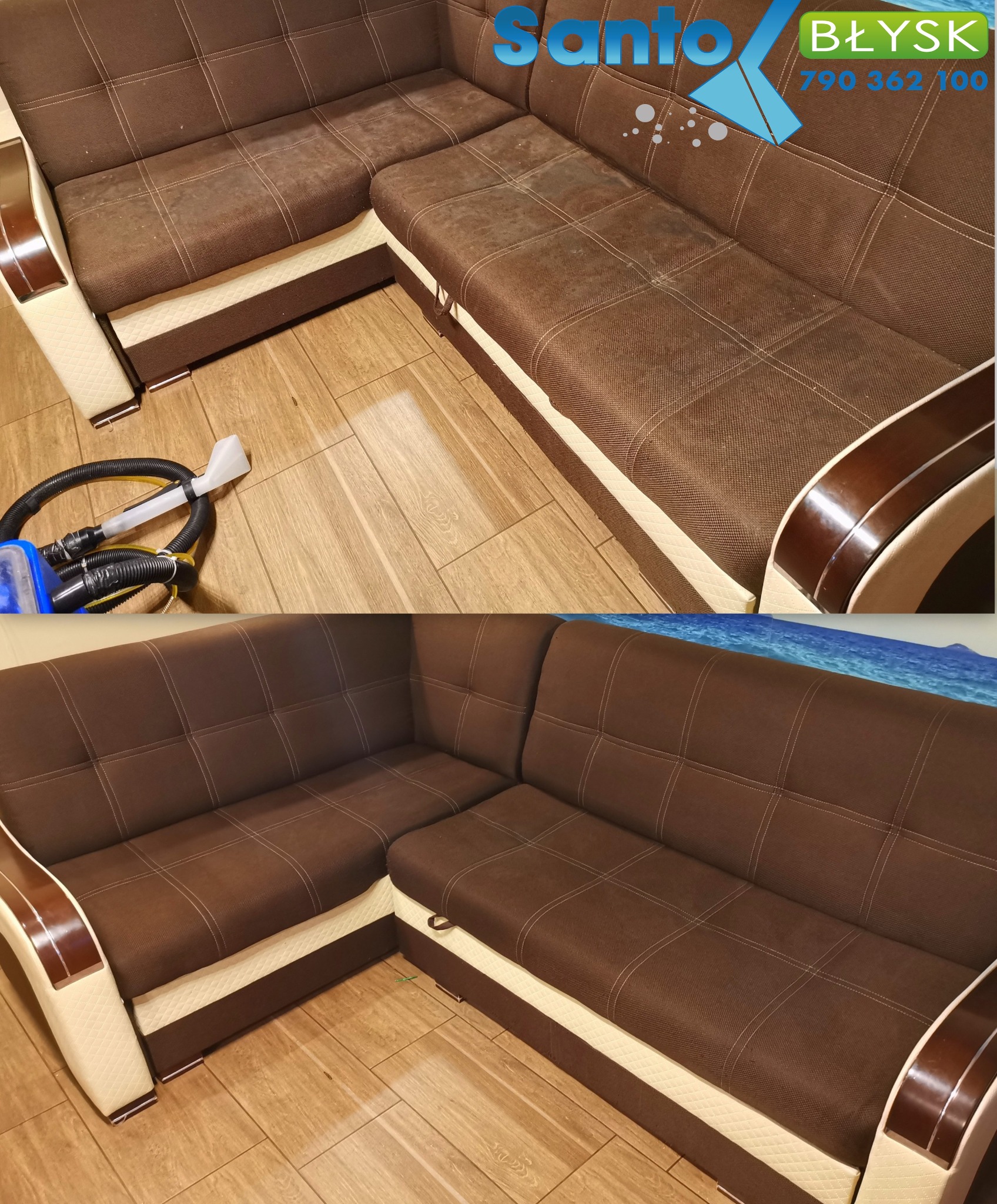 Dwuczęściowe zdjęcie narożnika z brązową tapicerką: górna część pokazuje narożnik przed czyszczeniem, z widocznymi plamami i zabrudzeniami, a obok leży urządzenie do czyszczenia tapicerki; dolna...