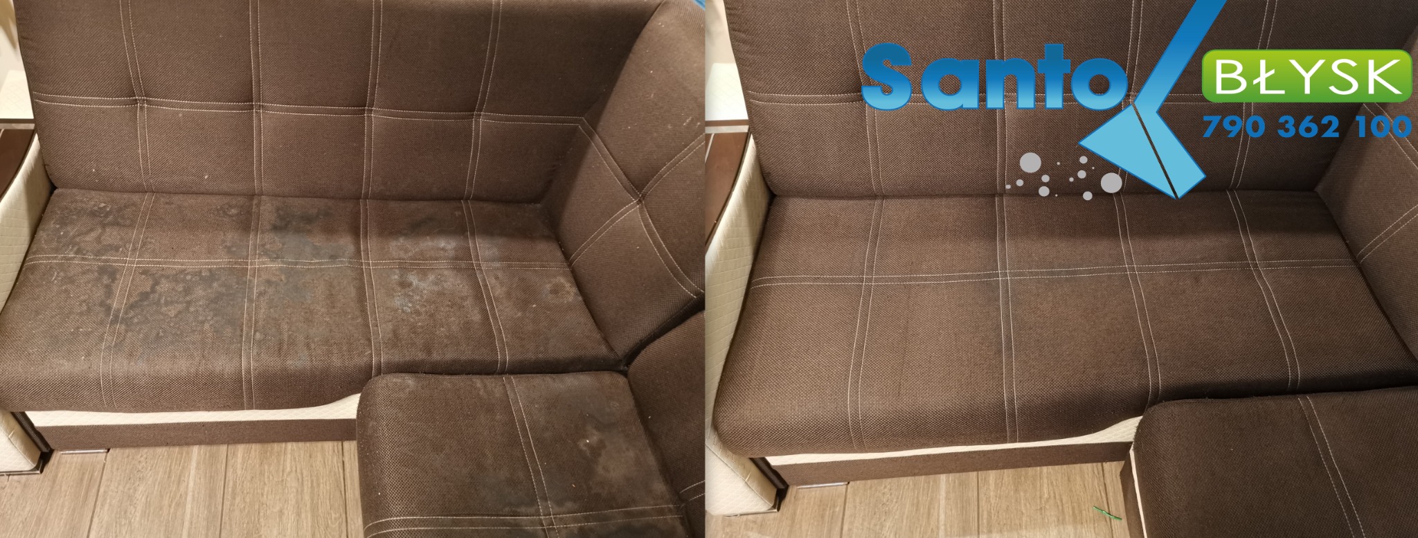 Porównanie: Brudna, brązowa kanapa narożna z plamami po lewej, ta sama kanapa po czyszczeniu po prawej, logo firmy czyszczącej w prawym górnym rogu.
