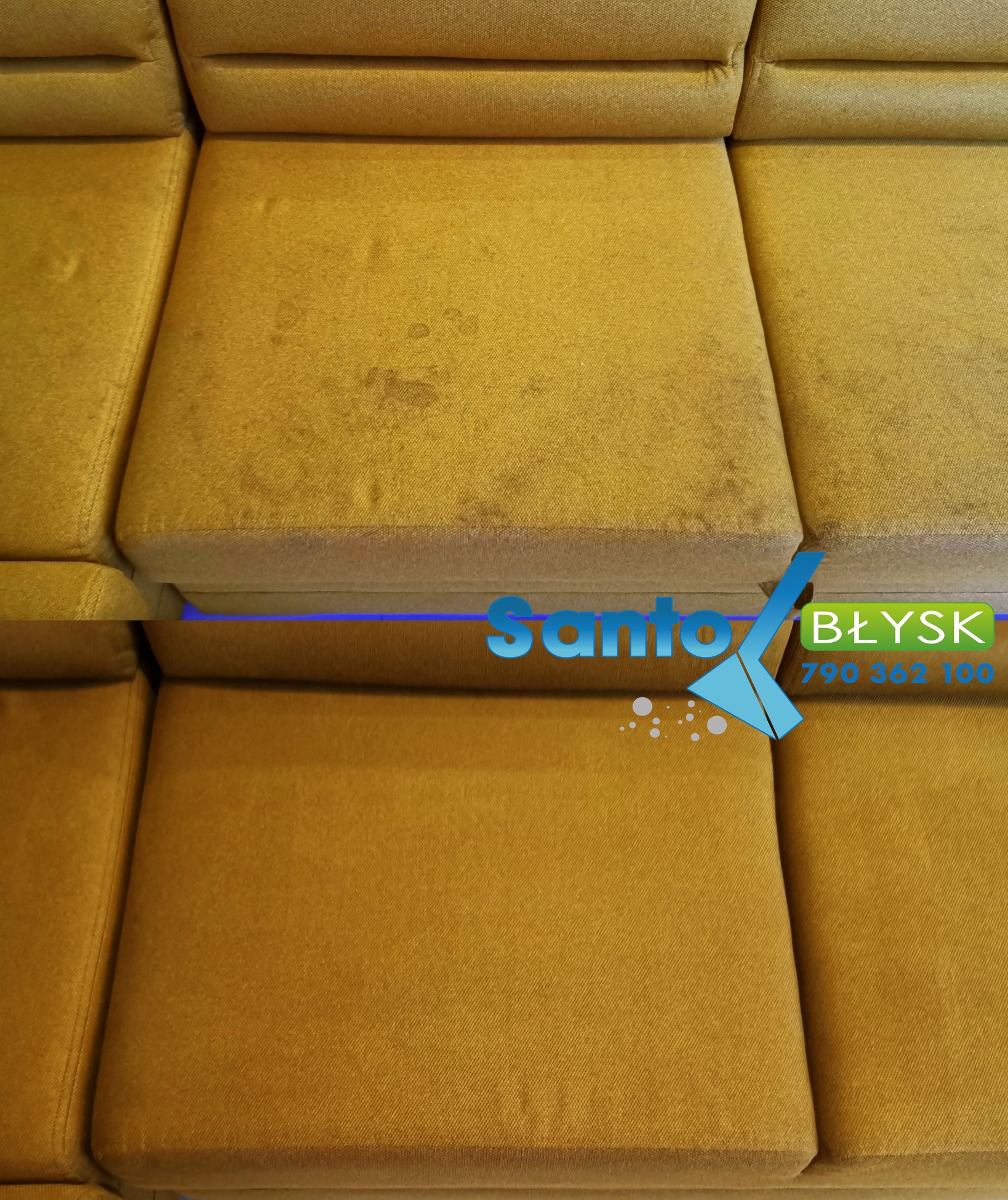 Żółta kanapa w Bydgoszczy z widoczną różnicą w czystości: górna część z plamami, dolna po czyszczeniu, z logo firmy Santo Błysk.