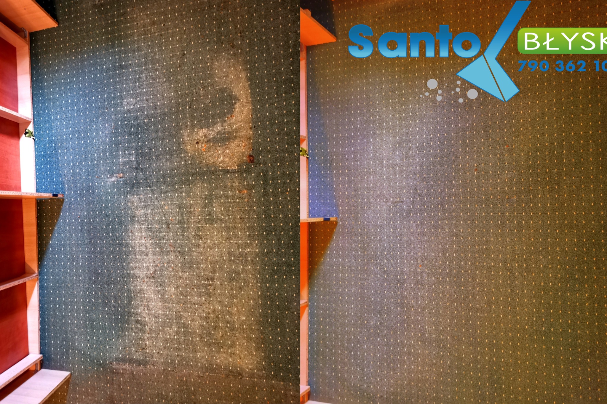 Fragment ściany pokrytej dywanem z widoczną różnicą w czystości przed i po czyszczeniu, obok regał z jasnego drewna, w prawym górnym rogu logo firmy Santo Błysk.