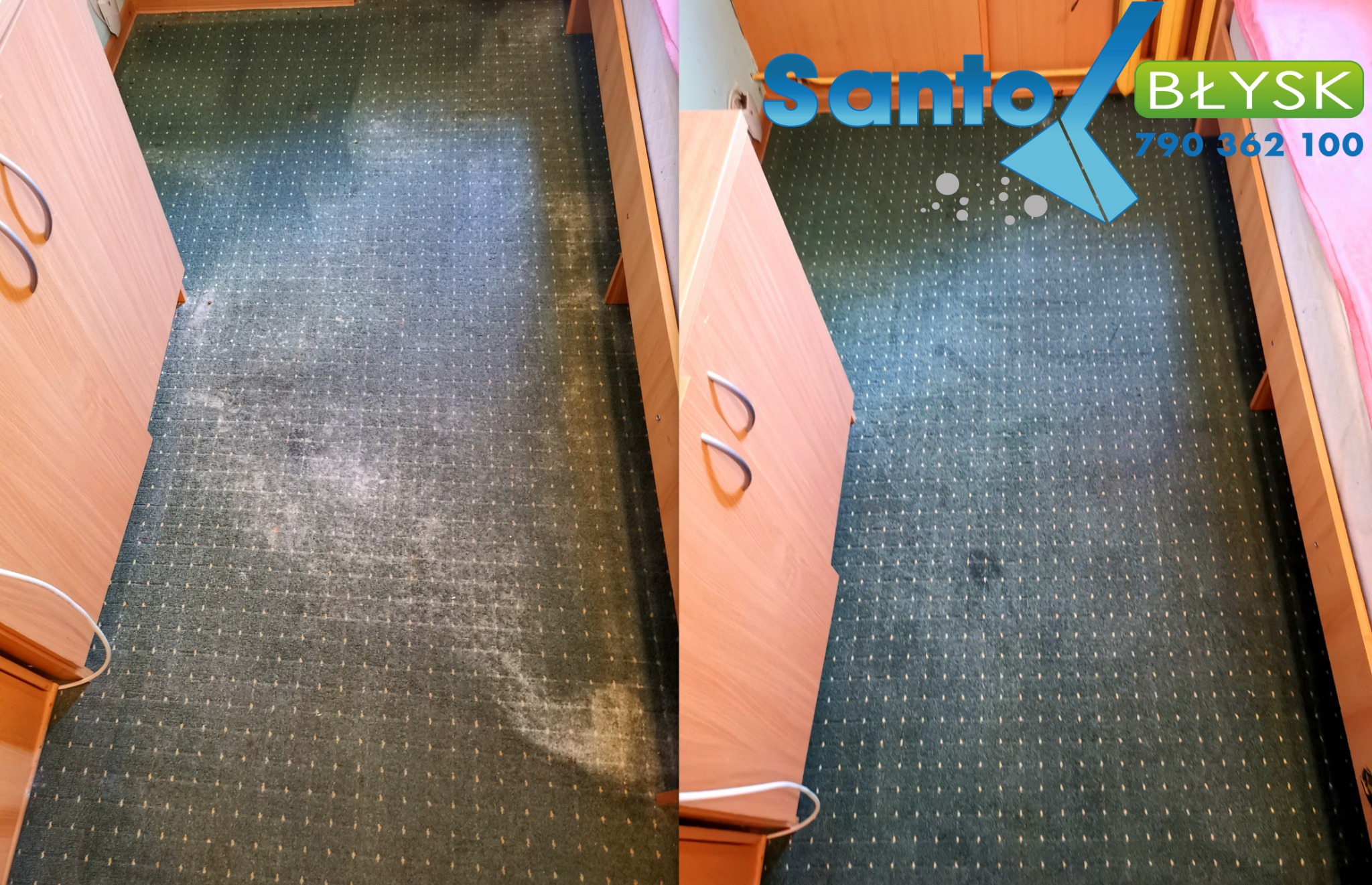 Zdjęcie dywanu z widoczną różnicą przed i po czyszczeniu, z logo firmy Santo Błysk i numerem telefonu widocznym w prawym górnym rogu, dywan zielony w małe białe kropki, obok szafka nocna.