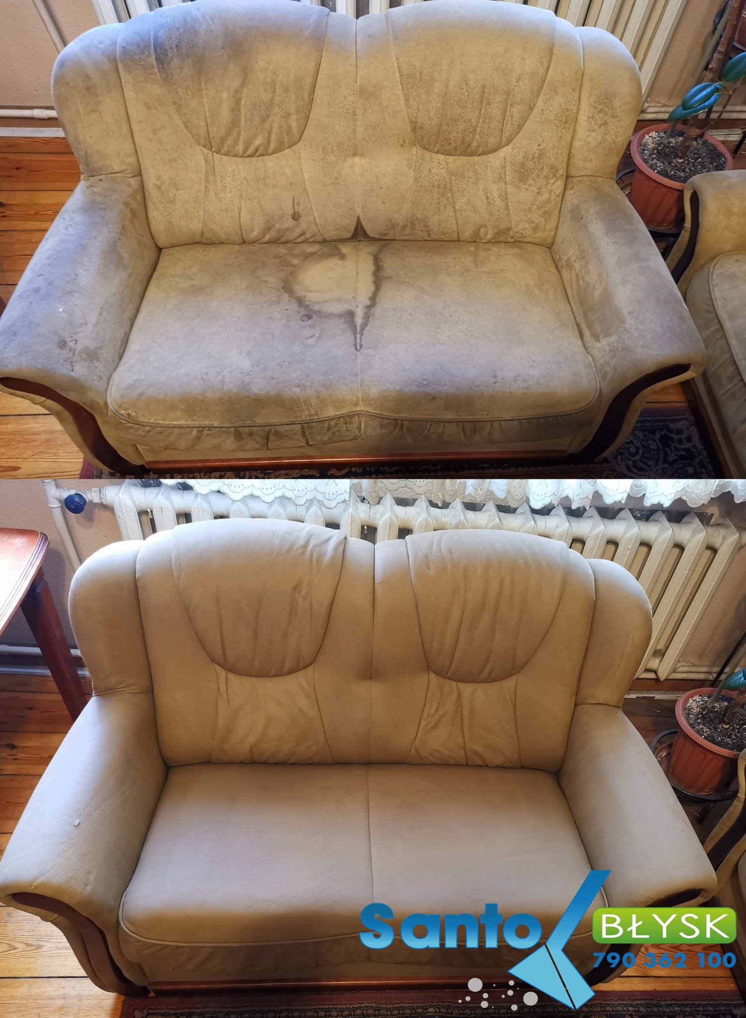 Dwuosobowa kanapa tapicerowana beżowym materiałem, widok przed i po czyszczeniu, z widocznymi plamami i zabrudzeniami na górnym zdjęciu, a czysta i odświeżona na dolnym zdjęciu.