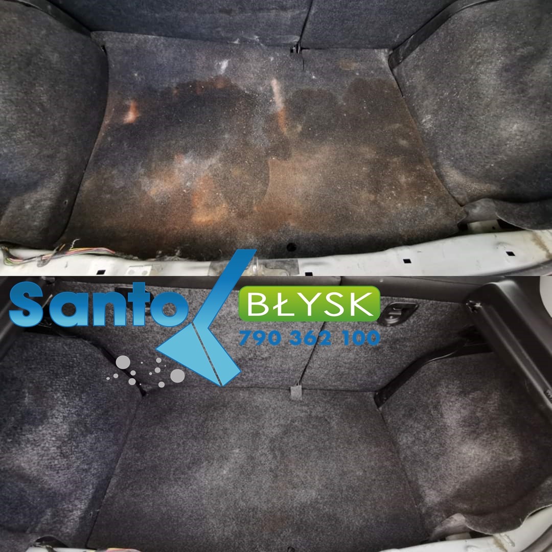 Porównanie bagażnika samochodowego przed i po czyszczeniu, widoczne znaczne różnice w czystości tapicerki, z nałożonym logo firmy sprzątającej.