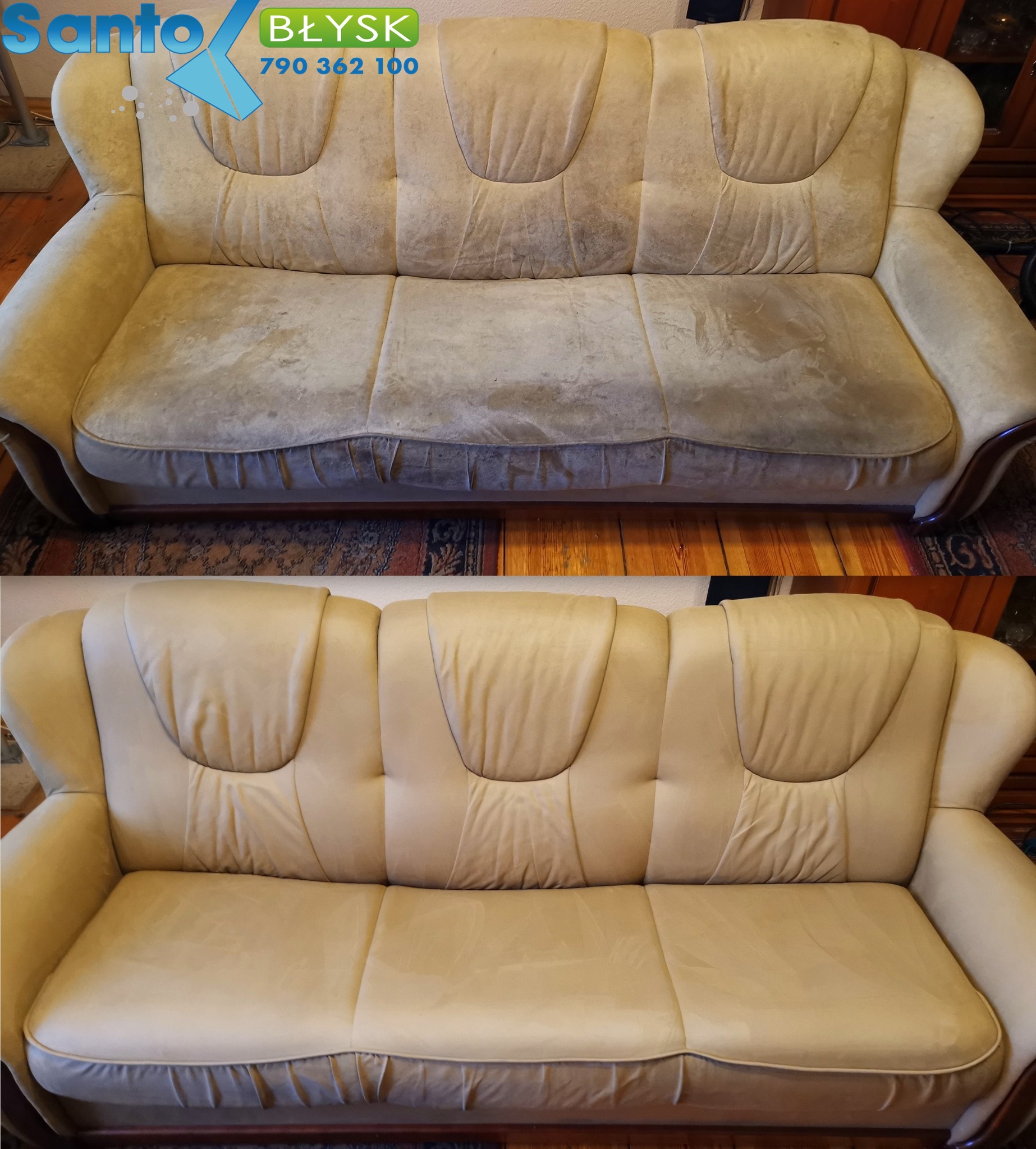 Dwu-częściowe ujęcie sofy przed i po czyszczeniu, ukazujące znaczną różnicę w wyglądzie tapicerki.