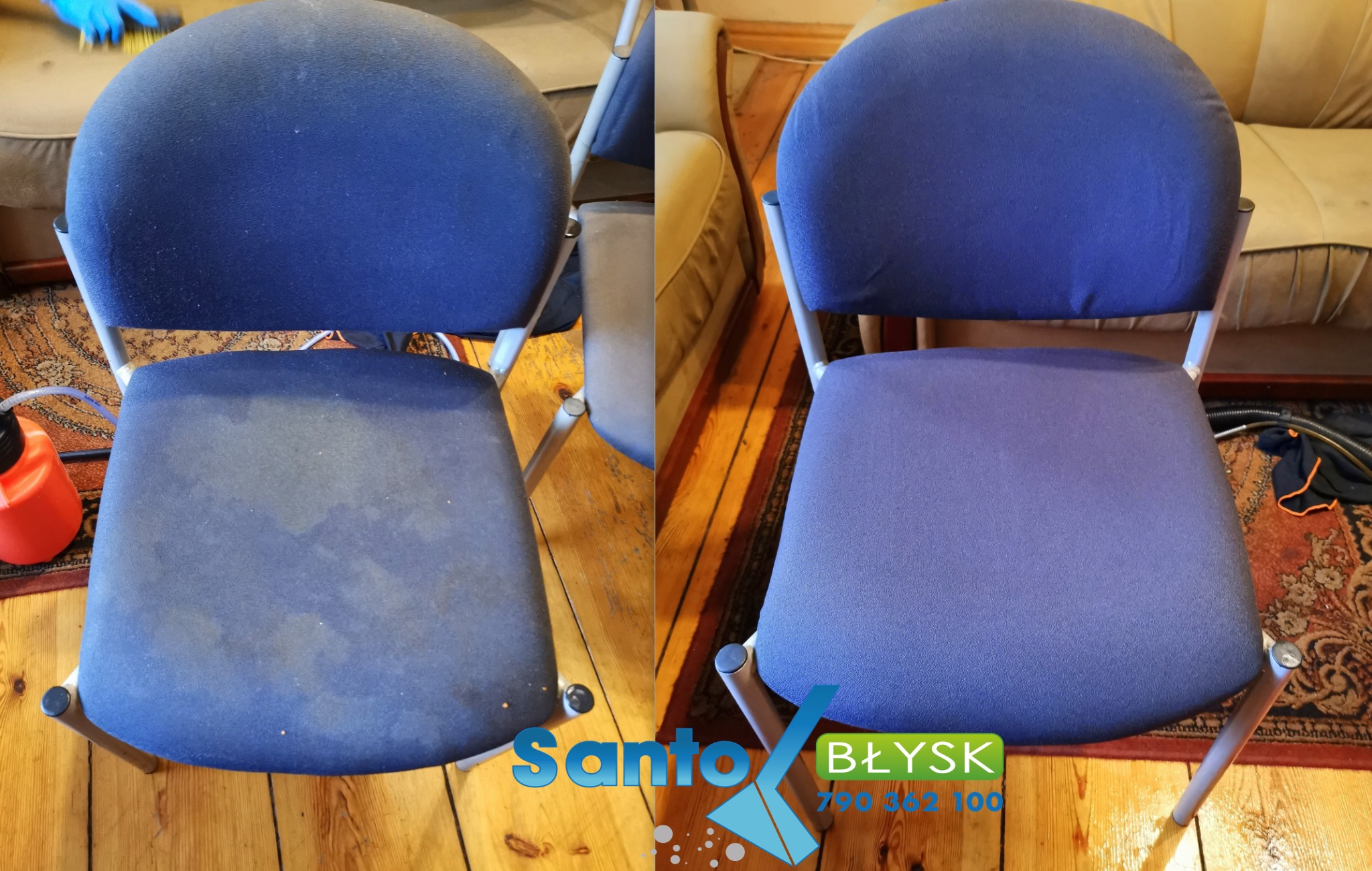 Porównanie krzesła biurowego przed i po czyszczeniu tapicerki, widoczne różnice w kolorze i usuniętych zabrudzeniach, na podłodze leży dywan.