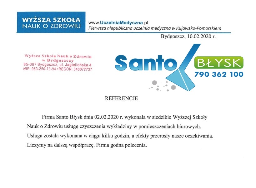 Skan referencji od Wyższej Szkoły Nauk o Zdrowiu w Bydgoszczy dla firmy Santo Błysk za usługę czyszczenia wykładziny w pomieszczeniach biurowych, z logo firmy Santo Błysk w prawym górnym rogu.