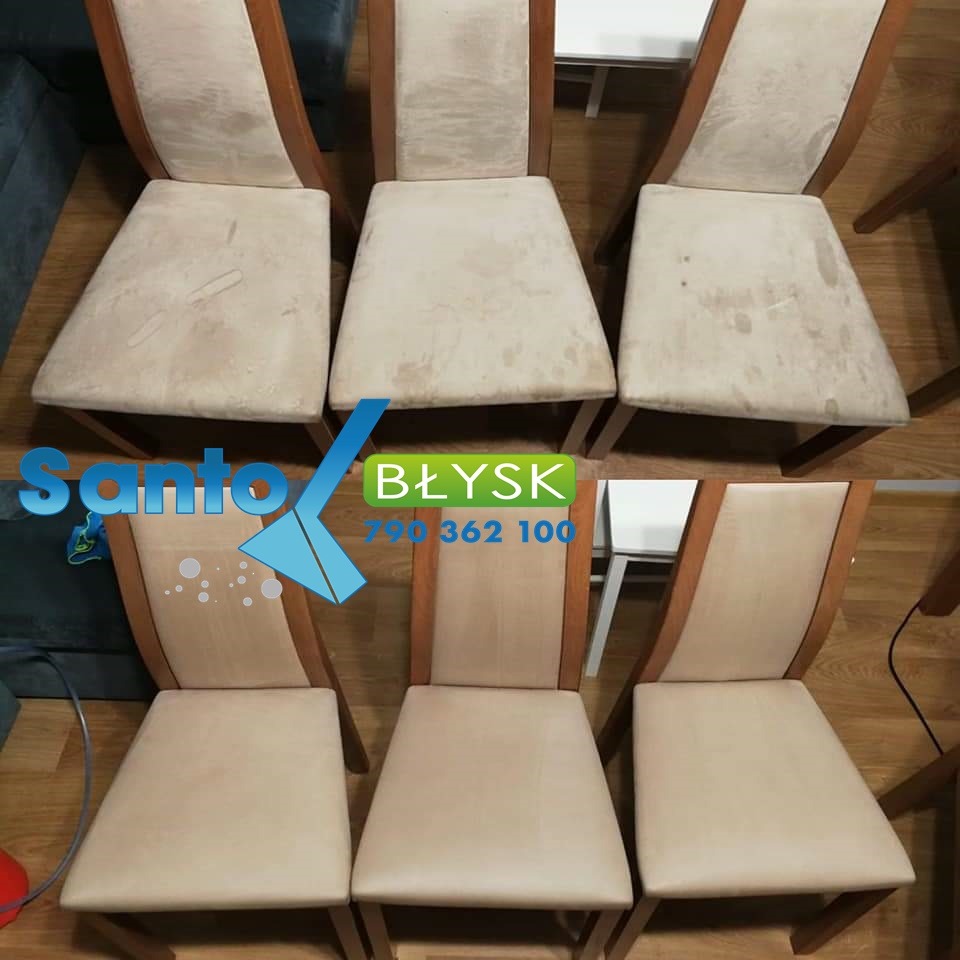 Sześć krzeseł tapicerowanych z drewnianymi ramami, ułożonych w dwóch rzędach, prezentujących efekt czyszczenia: górny rząd pokazuje krzesła przed czyszczeniem z widocznymi plamami, dolny rząd po...