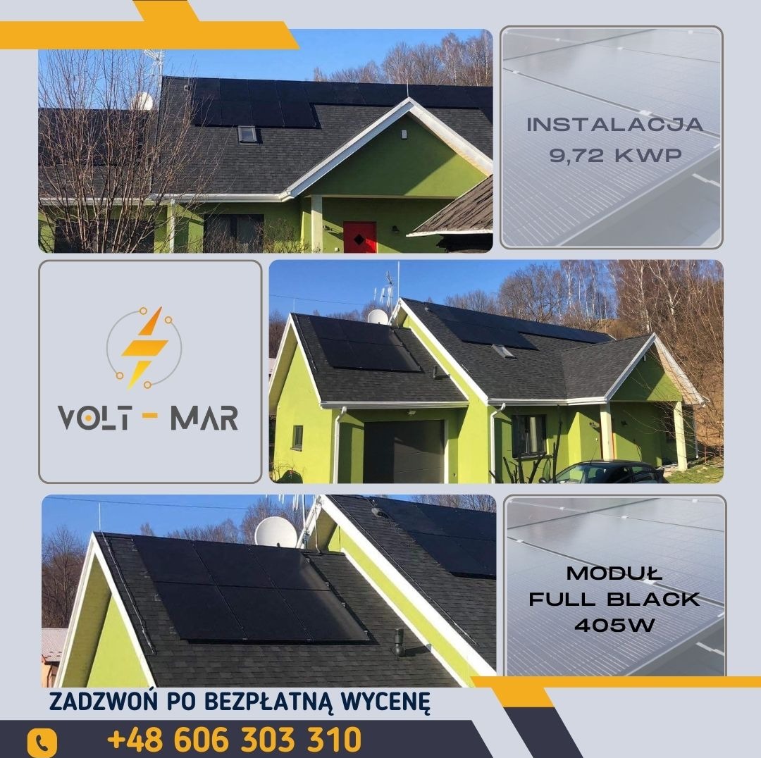 Dom z zieloną elewacją i panelami fotowoltaicznymi na dachu, widok z różnych perspektyw, informacja o instalacji 9,72 kWp i module Full Black 405W, logo firmy Volt-Mar i numer telefonu do darmowej...