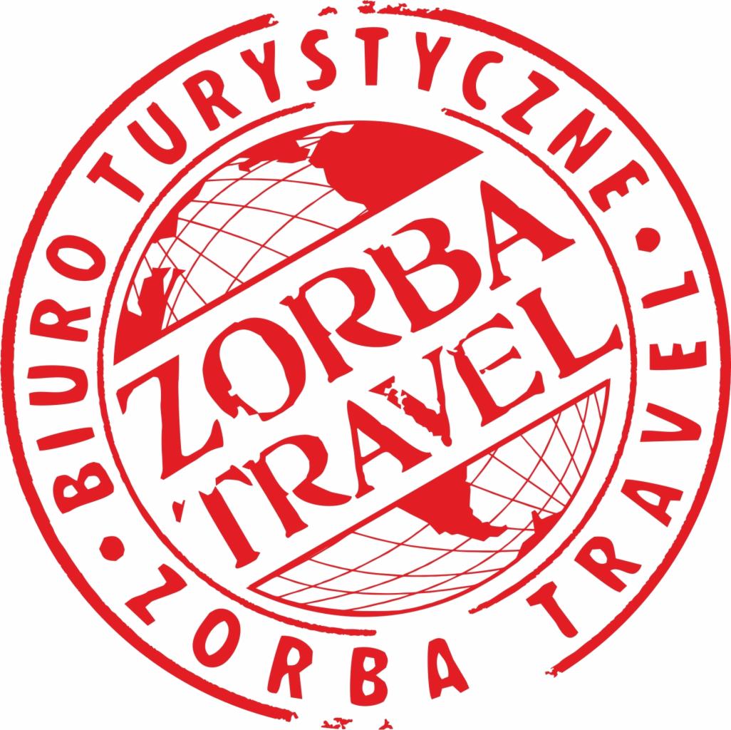 Czerwone logo firmy 'Zorba Travel' w formie okrągłej pieczęci z motywem globu i napisem 'Biuro Turystyczne' wokół, stylizowane na retro.