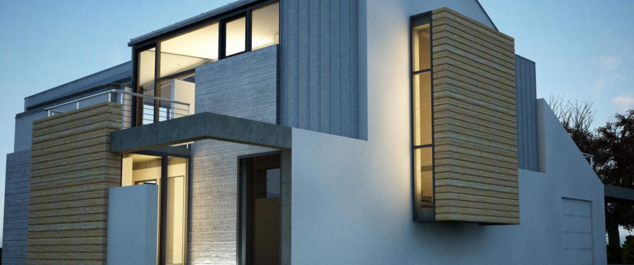 Wizualizacja zewnętrzna nowoczesnego domu z elementami drewnianej elewacji i dużymi przeszkleniami, oświetlonego od wewnątrz, prezentowana z perspektywy niskiego kąta.