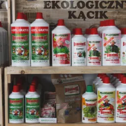 Półki sklepowe wypełnione różnymi rodzajami płynnych preparatów w białych butelkach z czerwonymi i zielonymi nakrętkami marki Ekodarpol, w tym Biohumus do różnych roślin, oraz papierowa torba...