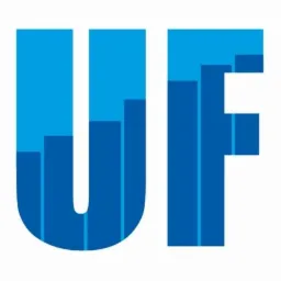 Graficzne logo 'UF' w odcieniach niebieskiego, wypełnione stylizowanymi słupkami wykresu wzrostu.