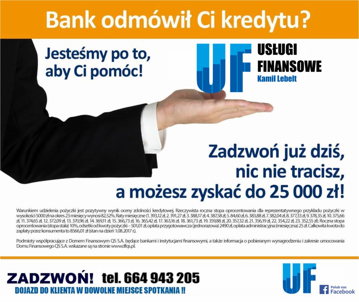 Reklama usług finansowych: dłoń podtrzymująca logo UF, obietnica pomocy w uzyskaniu kredytu i zysku do 25 000 zł, kontakt telefoniczny i dojazd do klienta.