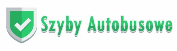 Grafika wektorowa przedstawiająca zielony symbol tarczy z białym znakiem akceptacji obok napisu 'Szyby Autobusowe' w zielonej czcionce z szarym cieniem.