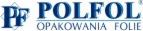 Logo firmy POLFOL Opakowania Folie, niebieski napis na białym tle, charakterystyczne logo z literami PF po lewej stronie.