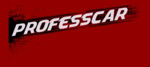 Grafika z napisem PROFESSCAR na czerwonym tle, litery z efektem śladów opon.