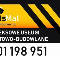 Logo firmy CraftsMat Mateusz Koprowicz oferującej kompleksowe usługi remontowo-budowlane, z czarnym kwadratem w żółtym polu i numerem telefonu 601 198 951.