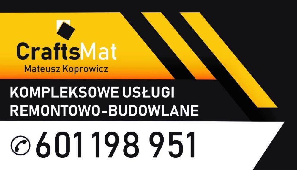 Logo firmy CraftsMat Mateusz Koprowicz oferującej kompleksowe usługi remontowo-budowlane, z czarnym kwadratem w żółtym polu i numerem telefonu 601 198 951.