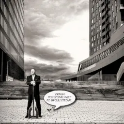 Czarno-białe zdjęcie mężczyzny w garniturze opartego o stylizowany trójząb, z psem u stóp, na tle nowoczesnej architektury biurowej i pochmurnego nieba, z dymkiem dialogowym z tekstem 'Vikinga...