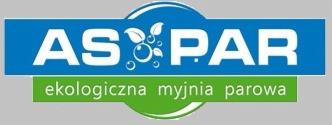 Logo firmy AS PAR, ekologiczna myjnia parowa, niebiesko-zielona kolorystyka z motywem liści i bąbelków.