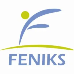 Logo firmy 'FENIKS' z abstrakcyjną sylwetką osoby w ruchu, z elementami w kolorach niebieskim i zielonym, na białym tle.