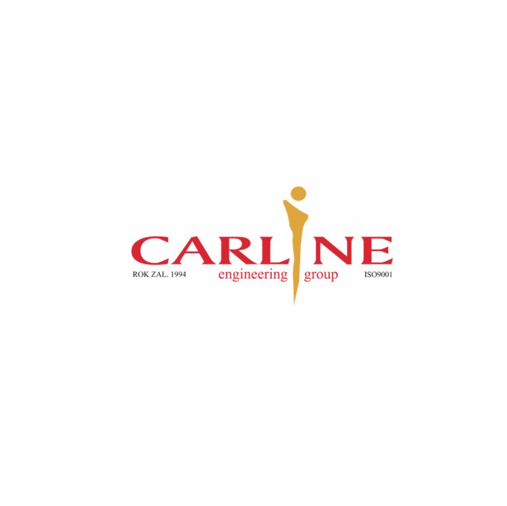 Logo firmy CARLINE engineering group z rokiem założenia 1994 i certyfikatem ISO9001, czerwone litery na białym tle, z symbolem stylizowanej postaci.