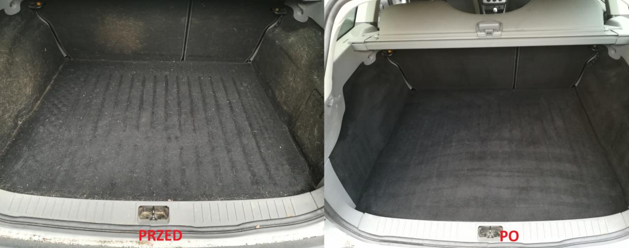 Porównanie bagażnika samochodu Ford Focus przed i po czyszczeniu, widoczne wyraźne różnice w czystości tapicerki.