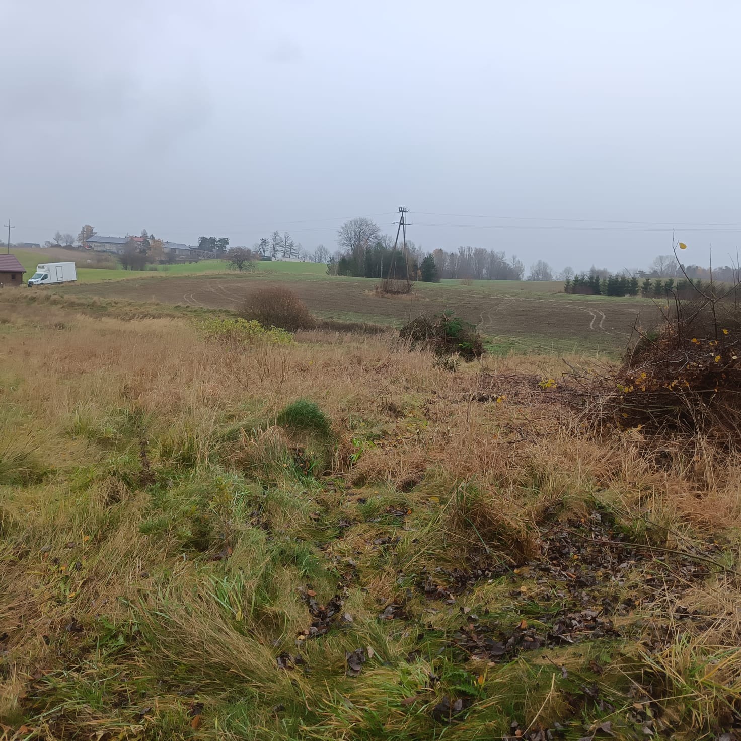 Jesienny krajobraz polny z suchą trawą na pierwszym planie, w tle budynki gospodarcze i pochmurne niebo. Widoczne ślady opon na polu i słup energetyczny.
