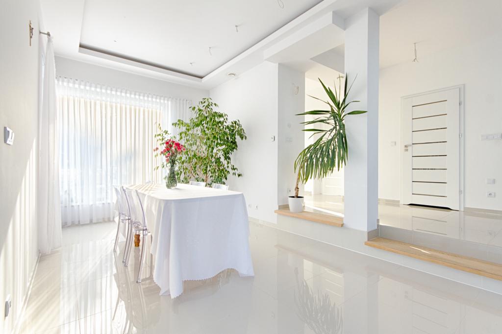 Jasne, minimalistyczne wnętrze jadalni z białymi ścianami, błyszczącą podłogą, stołem nakrytym białym obrusem, przezroczystymi krzesłami i roślinami doniczkowymi.
