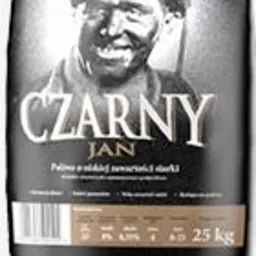 Czarny worek z węglem „Czarny Jan” 25 kg, z wizerunkiem górnika. Detal: wyraźne oznaczenia parametrów jakościowych, ciemne tło, połyskująca powierzchnia worka.