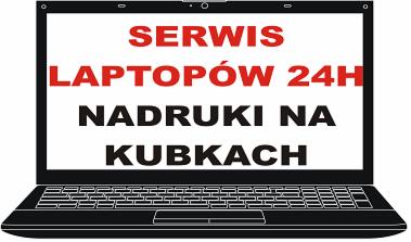 Czarny laptop z wyświetlanym napisem 'SERWIS LAPTOPÓW 24H NADRUKI NA KUBKACH' w kolorach czerwonym i czarnym na białym tle.