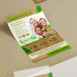 Ulotki reklamowe z ofertą lokalnych produktów spożywczych i usług restauracyjnych, prezentowane w przezroczystym stojaku na ulotki.