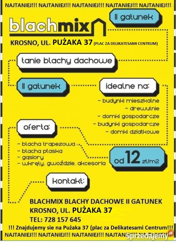 Żółty plakat reklamowy firmy Blachmix z Krosna, oferującej tanie blachy dachowe, w tym blachy trapezowe, blachy płaskie, gąsiory, wkręty i gwoździe w cenie od 12 zł/m2, idealne na budynki...