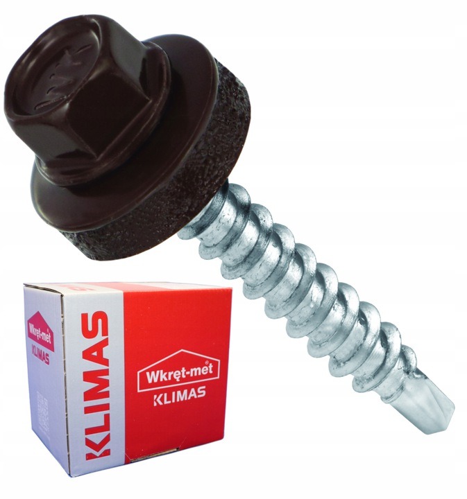 Brązowy wkręt farmerski z podkładką EPDM marki Klimas Wkręt-met, obok pudełko z wkrętami, na białym tle.