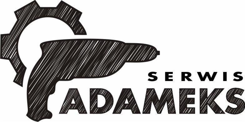 Logo firmy Serwis Adameks przedstawiające stylizowaną wiertarkę na tle koła zębatego, wykonane w technice kreskowania.