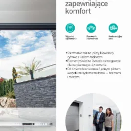 Grafika reklamowa prezentująca automatyczne bramy garażowe, z ikonami symbolizującymi wygodę użytkowania, sterowanie z samochodu i konkurencyjną cenę, uzupełniona zdjęciem bramy i fragmentem domu...