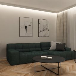JTG Design - Salon w stylu nowoczesnym: zielona sofa, stolik kawowy, drewniana podłoga w jodełkę, abstrakcyjne obrazy na ścianie i minimalistyczne oświetlenie.