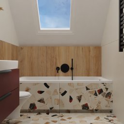 JTG Design - Nowoczesna łazienka na poddaszu z wanną w mozaikę lastryko, drewnianą okładziną i czarną armaturą. Uwagę zwraca okno dachowe wpuszczające naturalne światło.